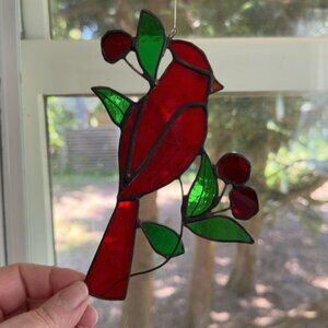 Vintage Stained Glass Cardinal Bird Suncatcher With Red & Green Glass Design For